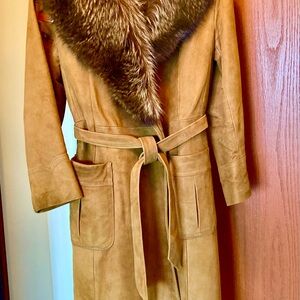 Suede winterized long coat with fox collar